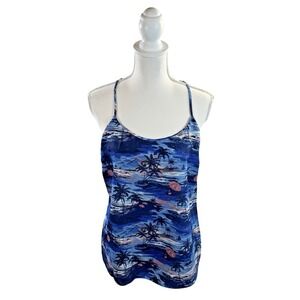 J.Crew Women Tank Top Sz 10 Hawaiian Aloha Tropical Blue Racer Back Beachy